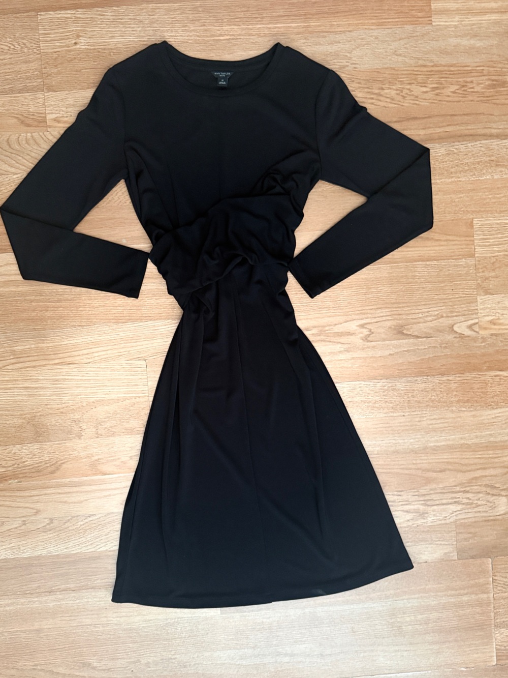 Ann Taylor Black Long-Sleeve Ruched Waist Dress